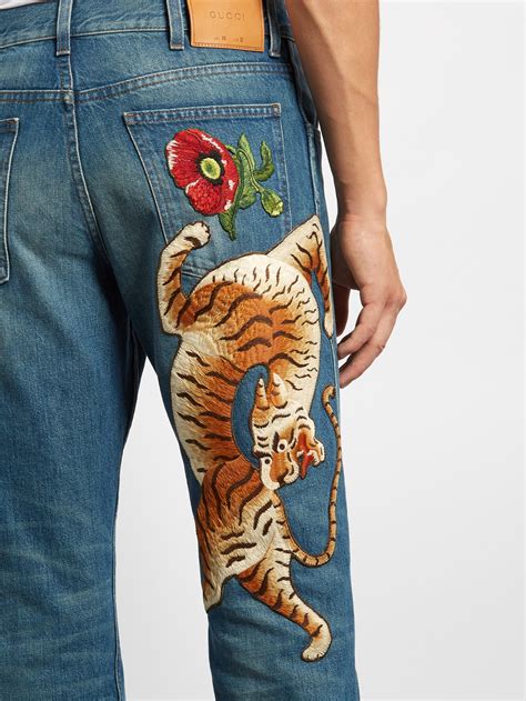 gucci tiger embroidered jeans|gucci tiger denim.